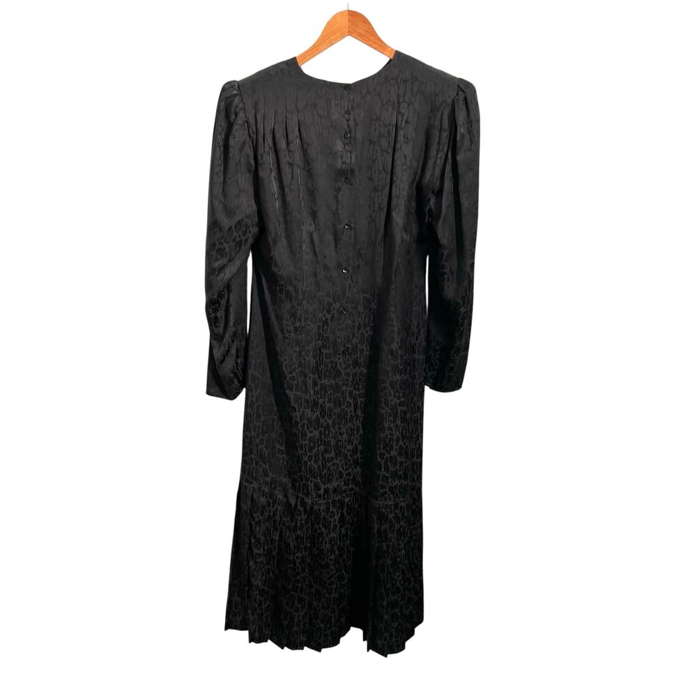 Vintage Argenti 100% Silk Black Midi Dress Pleated Bottom Leopard Jacquard Sz 12